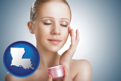 louisiana map icon and a woman applying skin cream to her face