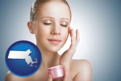 massachusetts map icon and a woman applying skin cream to her face