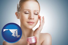 maryland map icon and a woman applying skin cream to her face