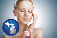 michigan map icon and a woman applying skin cream to her face