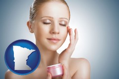 minnesota map icon and a woman applying skin cream to her face