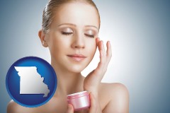 missouri map icon and a woman applying skin cream to her face