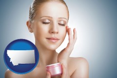 montana map icon and a woman applying skin cream to her face