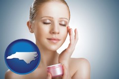 north-carolina map icon and a woman applying skin cream to her face