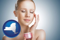 new-york map icon and a woman applying skin cream to her face