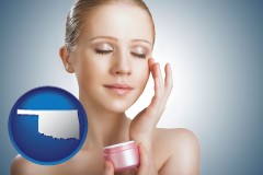 oklahoma map icon and a woman applying skin cream to her face