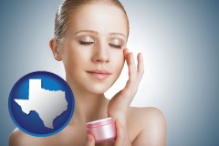 texas map icon and a woman applying skin cream to her face