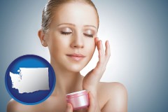 washington map icon and a woman applying skin cream to her face